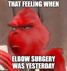 that feeling when elbow surgery was yesterday is a meme of the grinch from the movie the grinch .