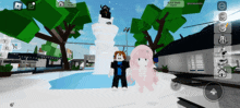 a screenshot of a video game shows a girl and a boy standing in front of a snowman