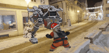 a teddy bear wearing a santa hat is standing next to a robot on a snowy street