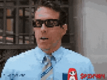 a pixel art of a man wearing sunglasses and a blue shirt with a red penguin pin