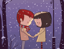 a boy and girl holding hands in the snow