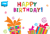 a happy birthday greeting card with colorful presents and swirls