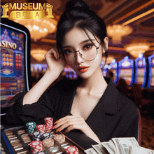 a woman playing a slot machine in a casino with a museum bola logo in the background