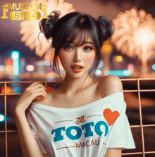 a woman wearing a white shirt that says toto macau on it