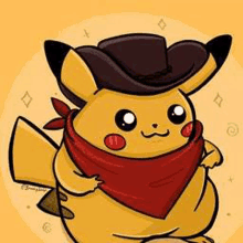 a cartoon pikachu wearing a cowboy hat and a bandana .