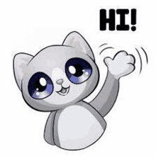 a cartoon cat with big blue eyes is waving and saying hi .