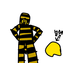 a cartoon drawing of a man in a black and yellow striped suit