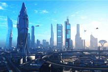 a futuristic city with lots of skyscrapers and a few flying vehicles