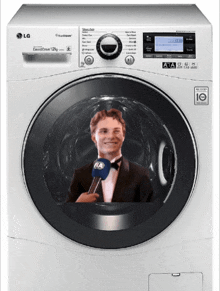 an lg washing machine with a picture of a man in a tuxedo