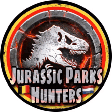 a logo for jurassic parks hunters shows a dinosaur