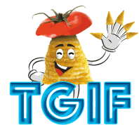 a cartoon character with a tomato on his head and the word tgif