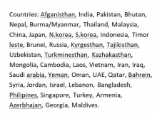 a list of countries including afghanistan india pakistan bhutan and others