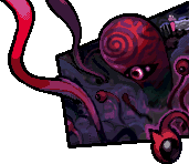 a pixel art illustration of a purple octopus with red tentacles