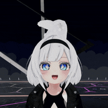 a girl with white hair and blue eyes has a white bunny ear on her head