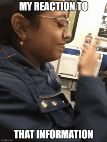 a woman sitting on a bus with a meme that says my reaction to that information