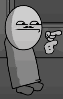 a black and white cartoon character with a mustache is pointing at something