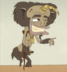 a cartoon drawing of a monster with horns and a bell around his neck