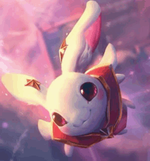 a white rabbit is flying through the air with a red cape on its head .