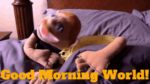 a puppet is laying in bed with the words good morning world