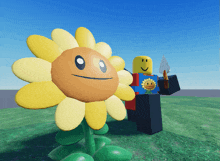 a cartoon character standing next to a sunflower with a smiley face