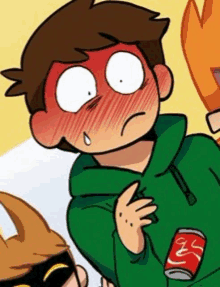 a cartoon boy in a green hoodie is holding a can of coca cola in his hand .