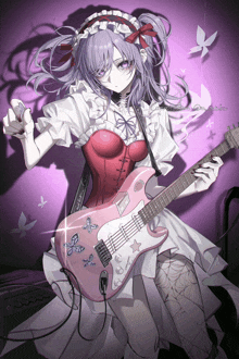 a girl with purple hair holding a pink guitar