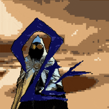 a pixel art drawing of a person with a hood and a sword