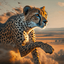 a cheetah is running in the desert with its paws up