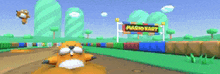 a blurred image of a video game scene with a sign that says mario kart