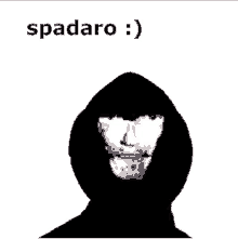 a black and white photo of a man with a hood and the words spadaro below him