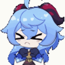 a pixel art of a girl with blue hair and horns .