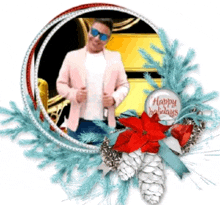 a picture of a man in a pink jacket is surrounded by christmas decorations and a happy holidays sign