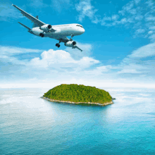 a plane is flying over a small island in the middle of the ocean