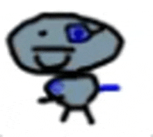 a drawing of a cartoon character with a blue eye and a blue stick .