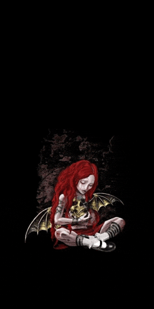 a girl with red hair and wings is holding a skull in her hands