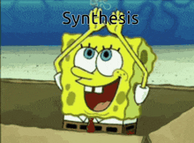 a cartoon of spongebob with the word synthesis written on it