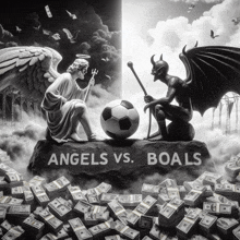 a statue of an angel and a devil sitting on a rock with the words angels vs. boals written on it