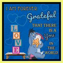 eeyore holding a teddy bear with the words " i am forever grateful that there is a you in the world " on the bottom