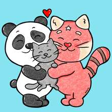 a panda bear is hugging a red cat and a gray cat with a star on its ear