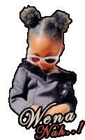 a little girl wearing sunglasses with the words wena nah written below her