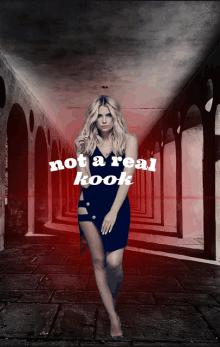 a woman in a black dress is standing in a hallway with the words " not a real kook " written above her