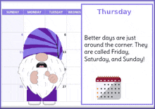 a calendar for thursday with a gnome on it