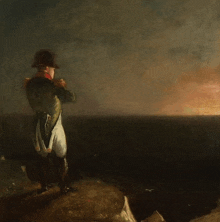 a painting of a man standing on top of a hill overlooking a body of water