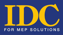 a logo for idc for mep solutions is shown on a blue background