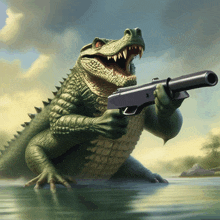 a crocodile is holding a gun in a painting