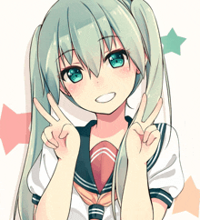 a girl with pigtails and blue eyes giving the peace sign