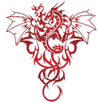 a red tribal dragon with wings and a snake around it .