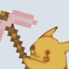 a pikachu is holding a pink and brown pickaxe