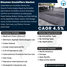 an advertisement for bitumen emulsions market shows a picture of two men working on a road