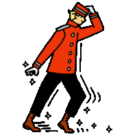 a cartoon drawing of a man in a red coat and hat dancing .